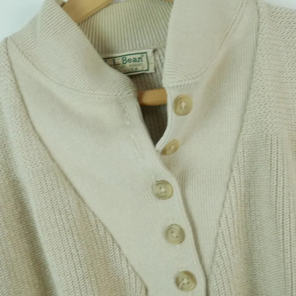 Vintage LL Bean Henley Sweater Large USA Cotton Fisherman Ribbed Knit Pullover - Picture 4 of 10